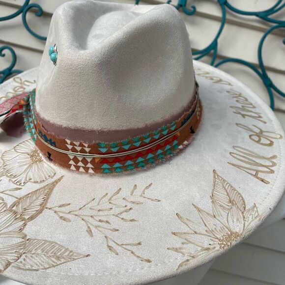Hand Burned Hat | Wide Brim Hat | Branded Hat | wildflowers faux suede hat | All main image 10